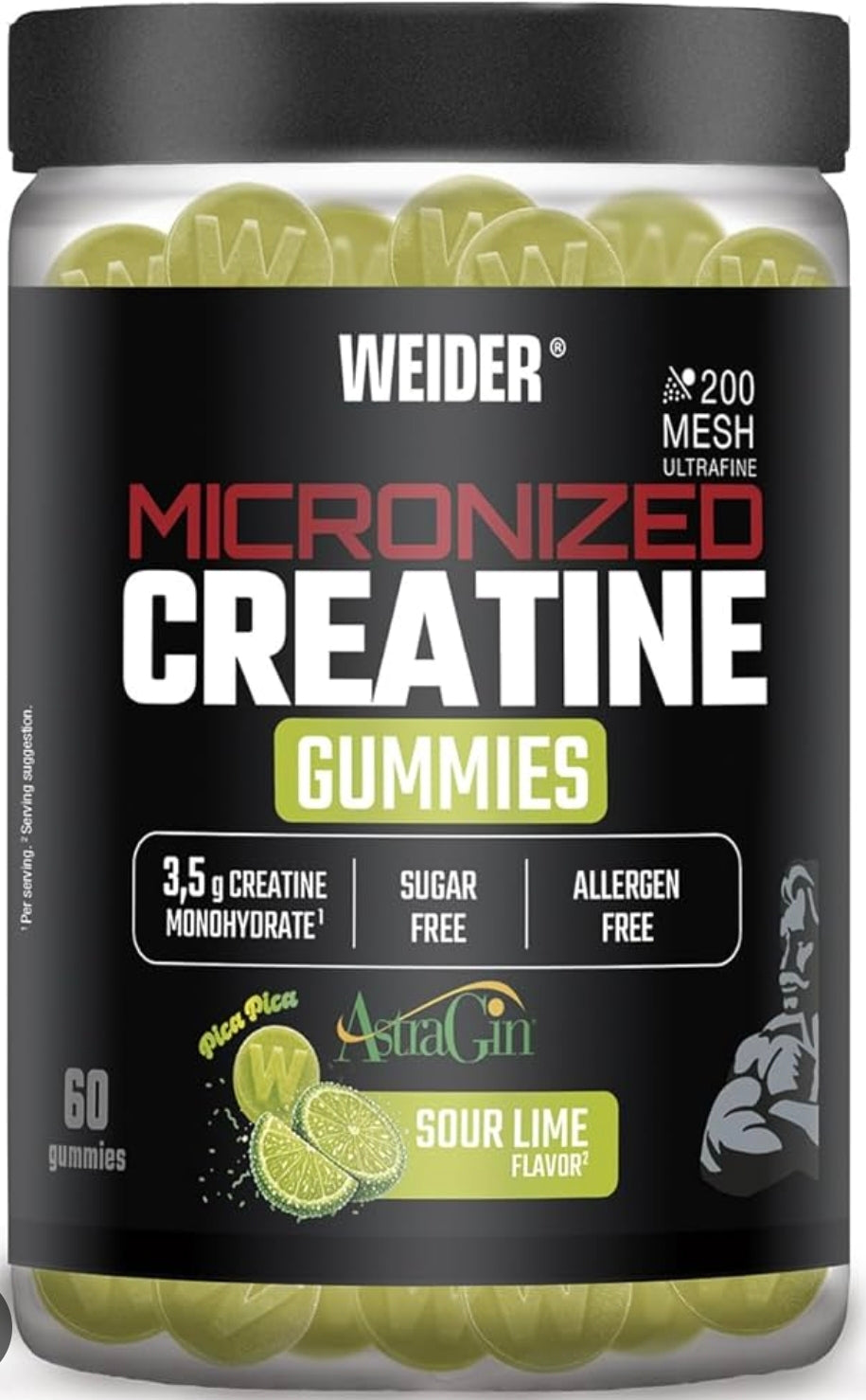 Creatina Gummies Weider Micronized – Frutos del Bosque y SABOR LIMA ÁCIDA | 3,5 g por dosis | Sin azúcar