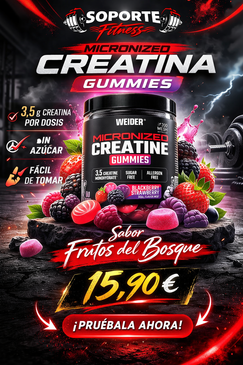 Creatina Gummies Weider Micronized – Frutos del Bosque | 3,5 g por dosis | Sin azúcar